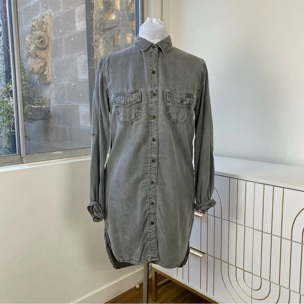 Sneak Peek Utility Split Hem Long Sleeve Shirt Dress, Slate Grey, Size S